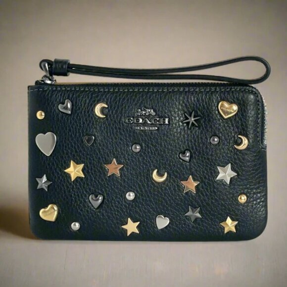 Coach Corner Zip Wristlet CCJ75 Black Leather Moon Stars Hearts Rivets Wallet - Picture 1 of 11